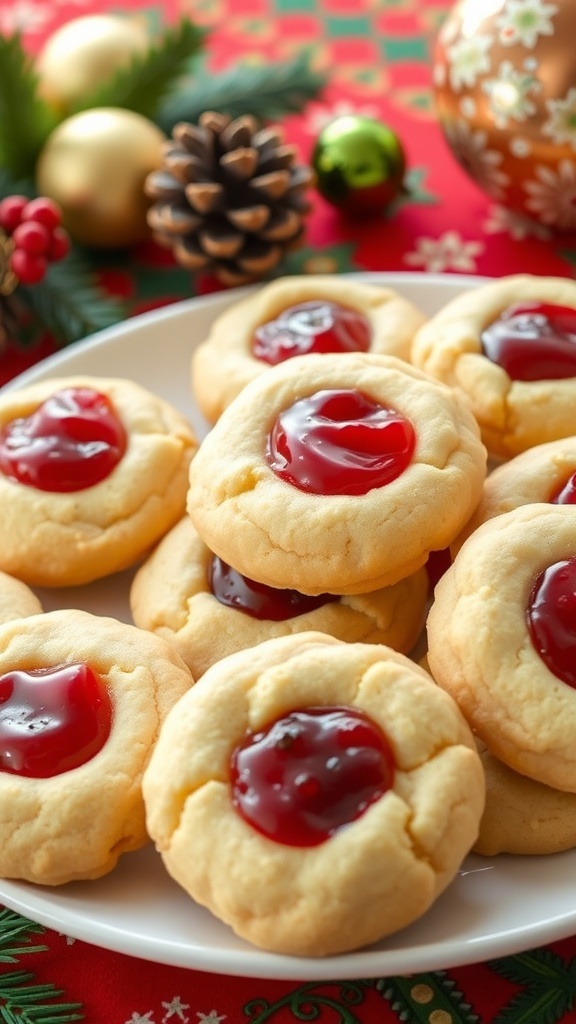 A plate of jam thumbprint cookies with colorful jam centers, set on a festive tablecloth.